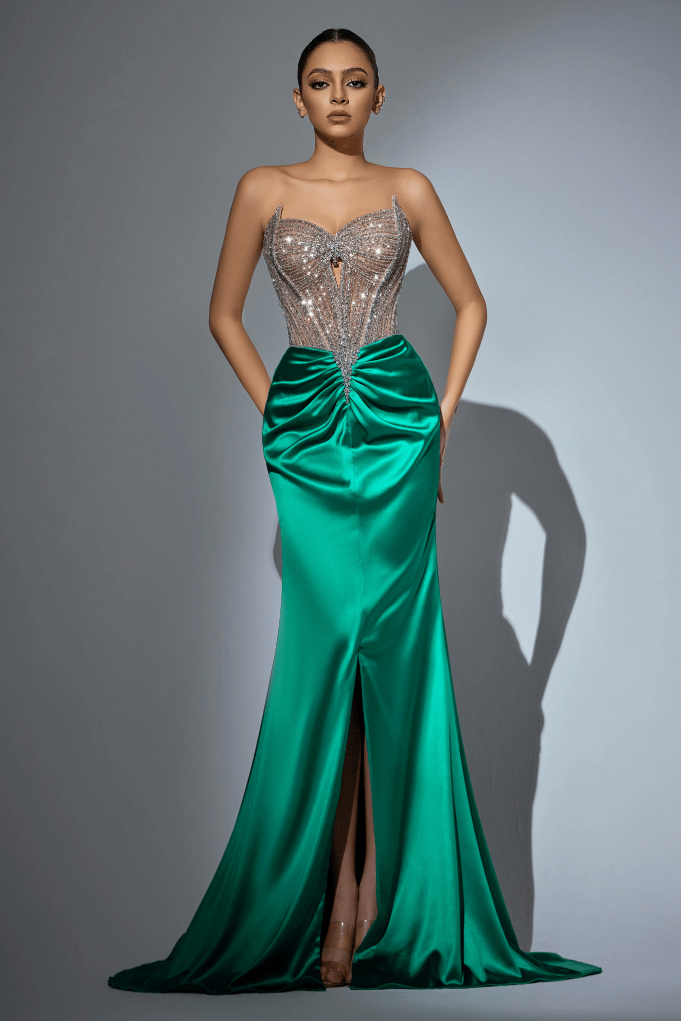 corset top green dress Emerald Green Tulle Corset Top Formal Midi Dress