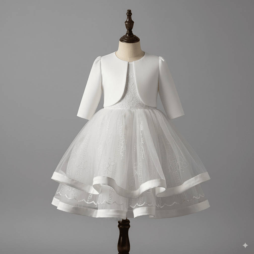ladies dress and jacket White Two-Piece Flower Girl Dress with Jacket – Elegant Tulle Wedding Flower Girl Dress Plus Size 13-14Y / White