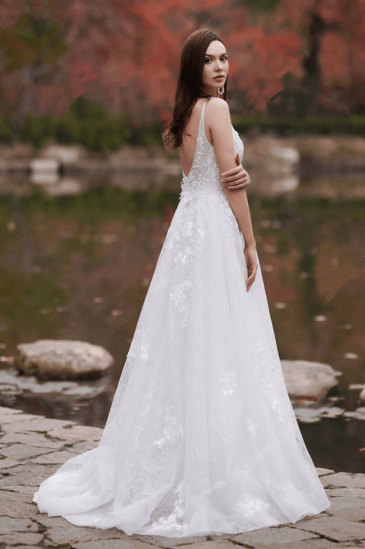 A-Line Lace Embroidery Light Ivory Precious And Timeless Spaghetti Straps Wedding Dress - Plus Size - WonderlandByLilian
