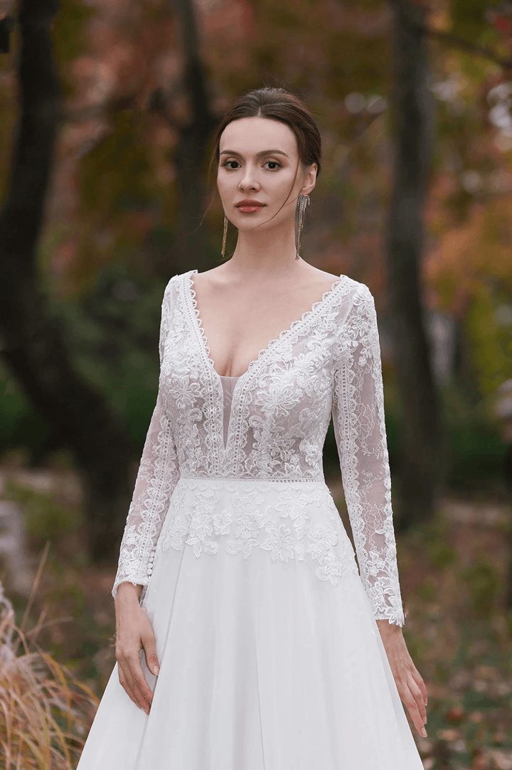 A-Line V-Neck Long Sleeves Light Ivory Embroidery Court Train Chiffon Wedding Dress - Plus Size - WonderlandByLilian