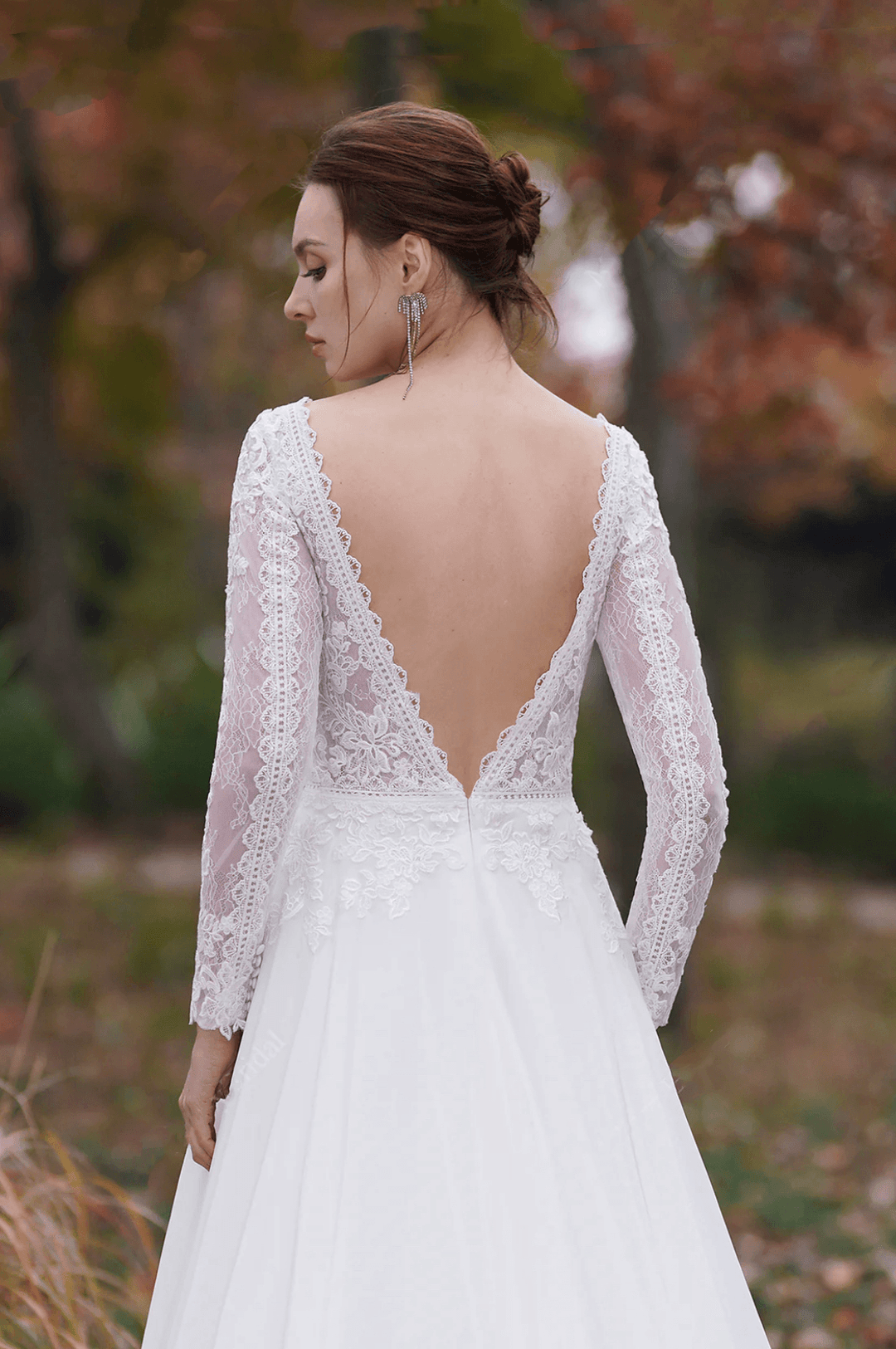 A-Line V-Neck Long Sleeves Light Ivory Embroidery Court Train Chiffon Wedding Dress - Plus Size - WonderlandByLilian