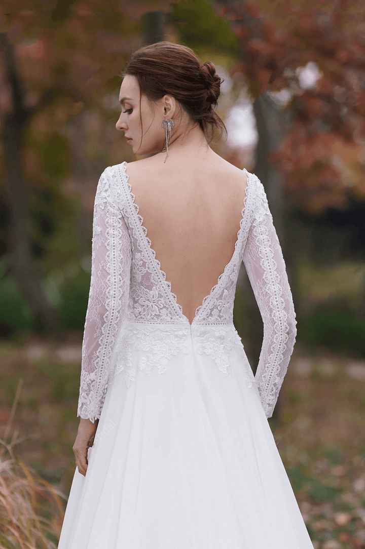 A-Line V-Neck Long Sleeves Light Ivory Embroidery Court Train Chiffon Wedding Dress - Plus Size - WonderlandByLilian