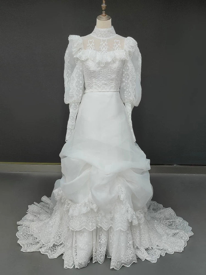 Antique White Modest Wedding Dress - Vintage Wedding Dress - French Style - WonderlandByLilian