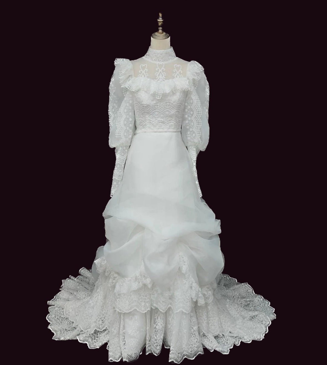 Antique White Modest Wedding Dress - Vintage Wedding Dress - French Style - WonderlandByLilian