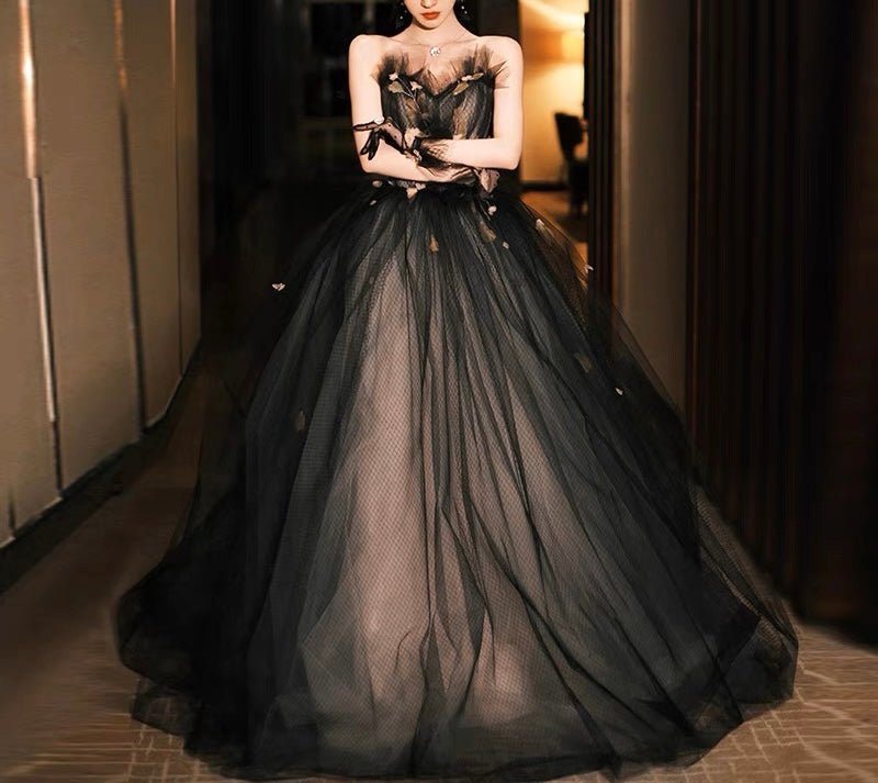 Black Gothic Ball Gown With Feather Lace - Gothic Fairy Wedding Dress Plus Size WonderlandByLilian Black Gothic Ball Gown With Feather Lace - Gothic Fairy Wedding Dress Plus Size WonderlandByLilian