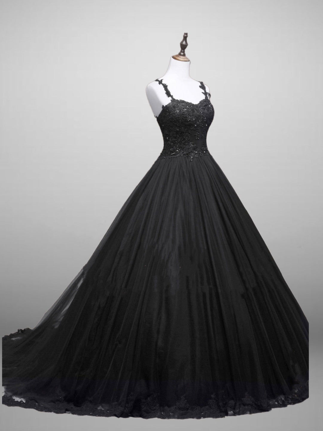 Black Gothic Lace Floral Embroidered Wedding Dress With Spaghetti Straps Plus Size - WonderlandByLilian