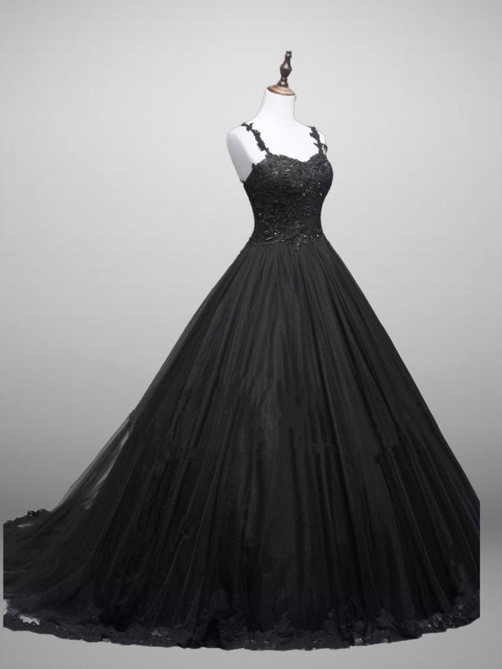 Black Gothic Lace Floral Embroidered Wedding Dress With Spaghetti Straps Plus Size - WonderlandByLilian