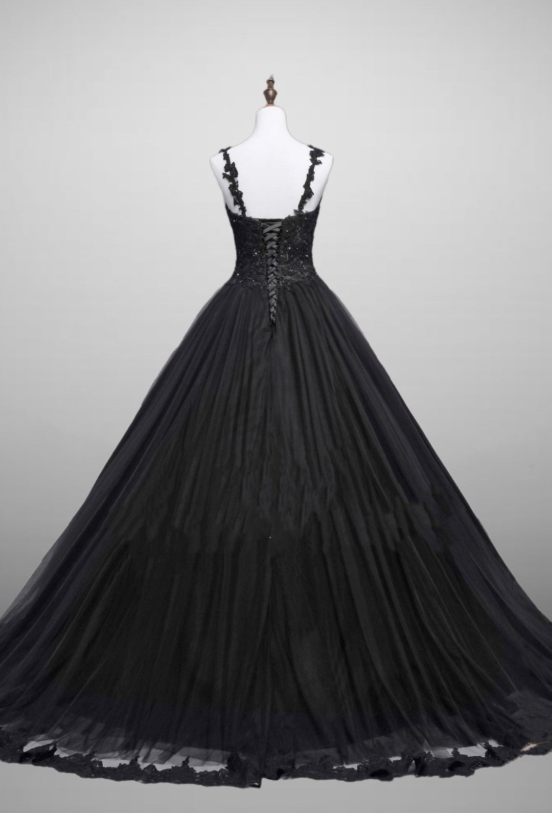 Black Gothic Lace Floral Embroidered Wedding Dress With Spaghetti Straps Plus Size - WonderlandByLilian