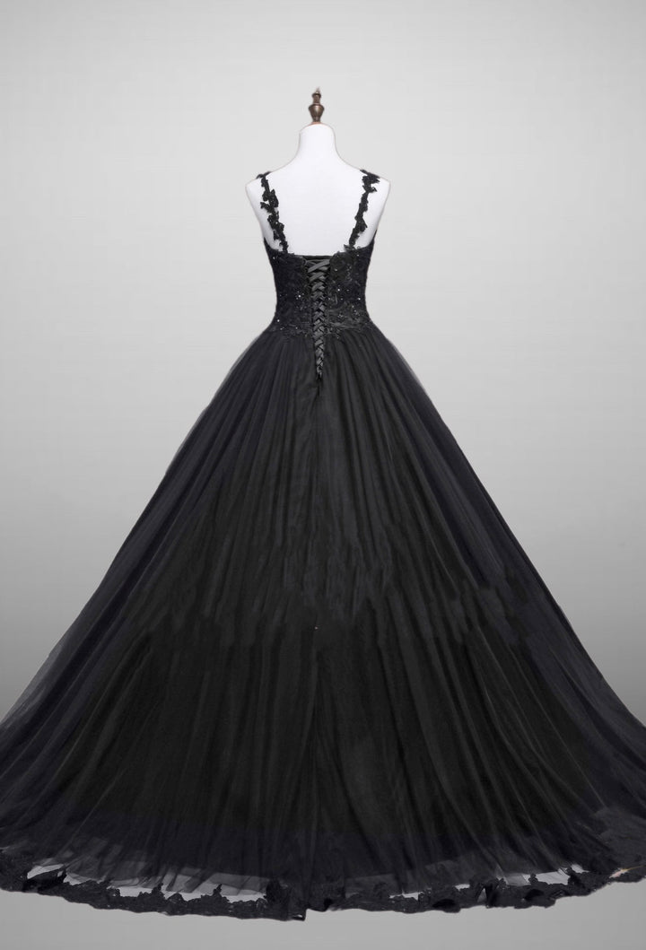 Black Gothic Lace Floral Embroidered Wedding Dress With Spaghetti Straps Plus Size - WonderlandByLilian