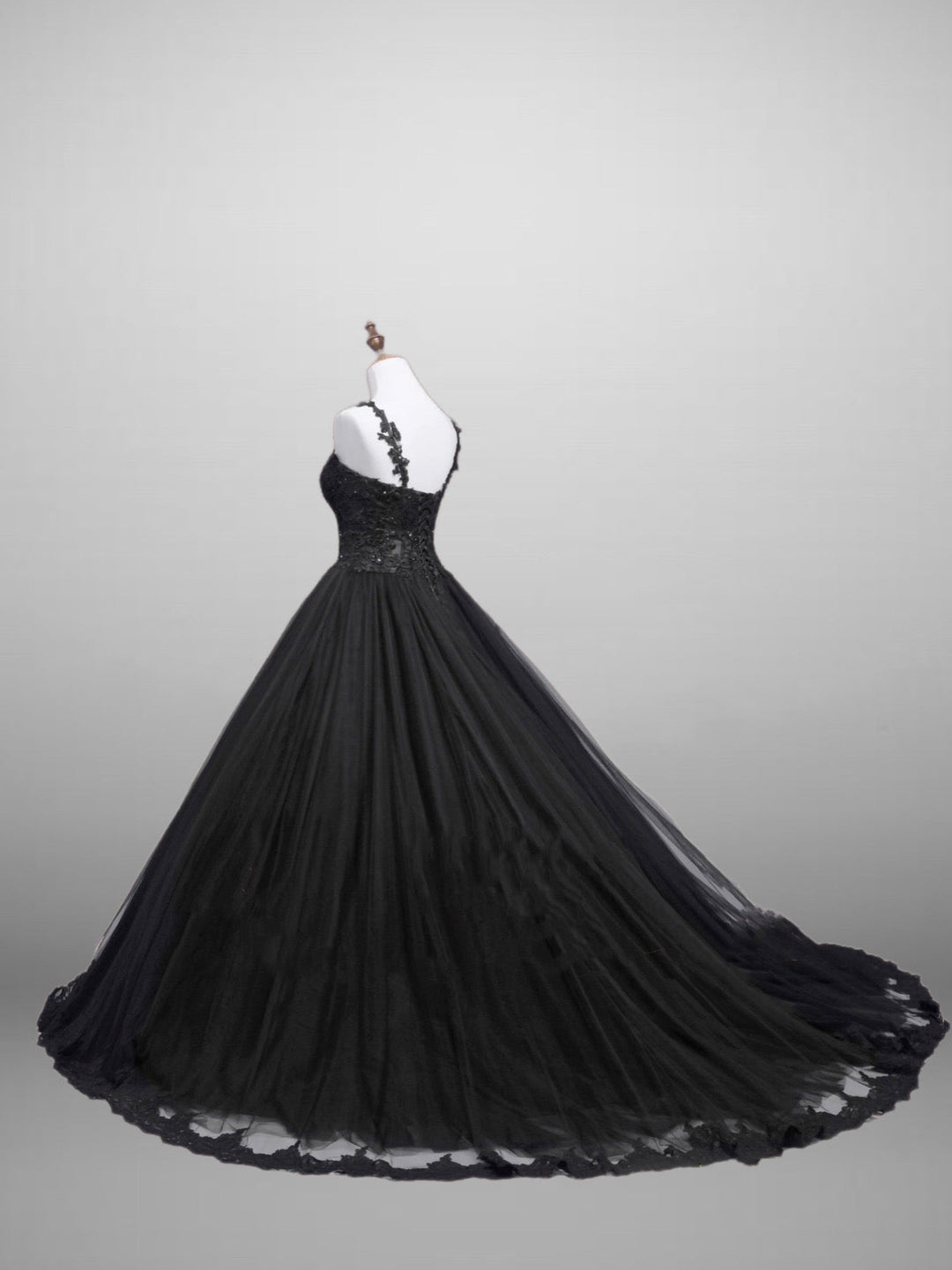 Black Gothic Lace Floral Embroidered Wedding Dress With Spaghetti Straps Plus Size - WonderlandByLilian