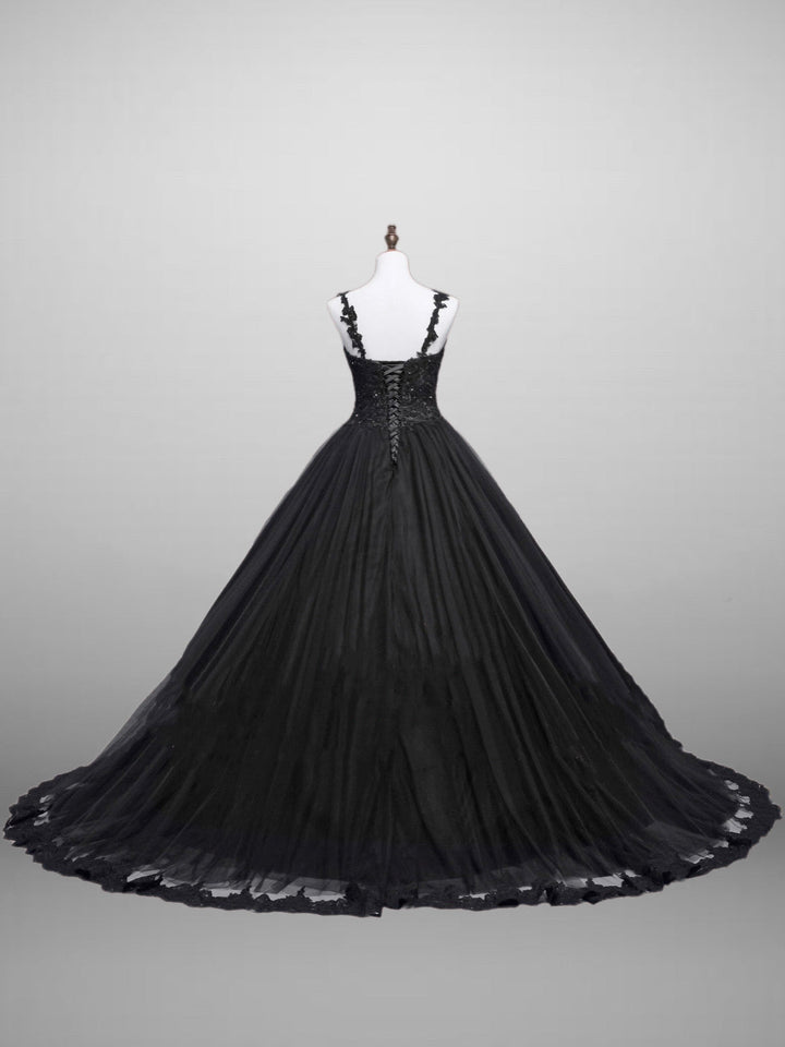 Black Gothic Lace Floral Embroidered Wedding Dress With Spaghetti Straps Plus Size - WonderlandByLilian