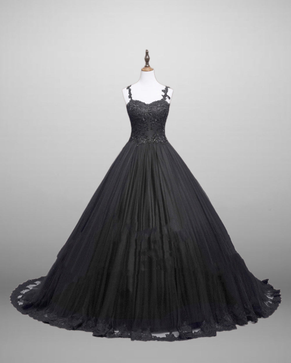 Black Gothic Lace Floral Embroidered Wedding Dress With Spaghetti Straps Plus Size - WonderlandByLilian