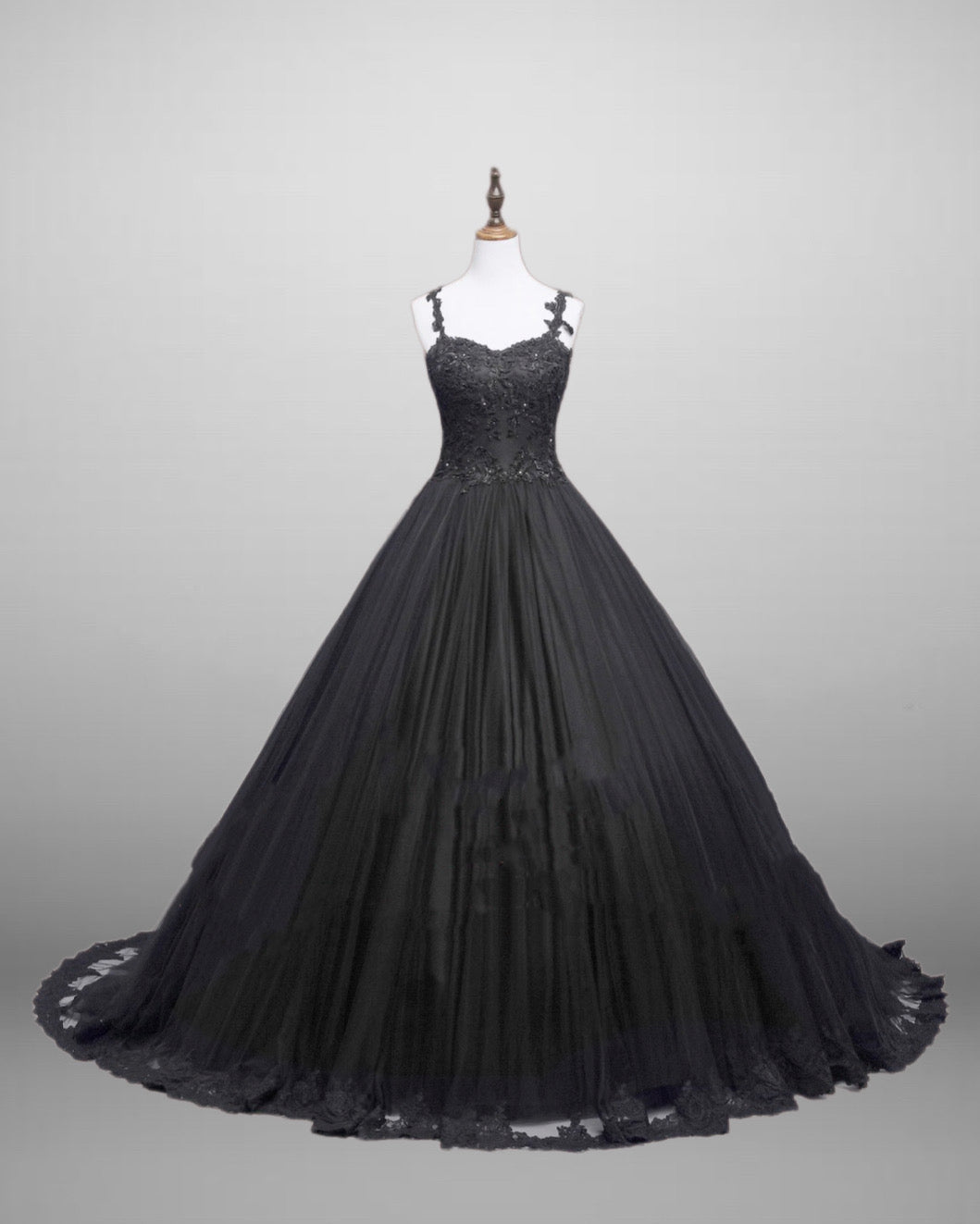 Black Gothic Lace Floral Embroidered Wedding Dress With Spaghetti Straps Plus Size - WonderlandByLilian