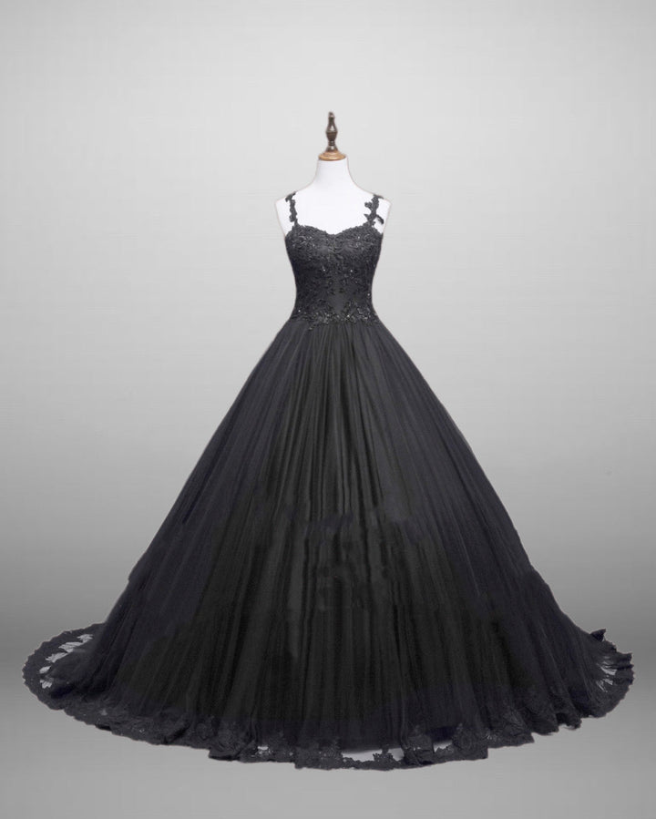 Black Gothic Lace Floral Embroidered Wedding Dress With Spaghetti Straps Plus Size - WonderlandByLilian