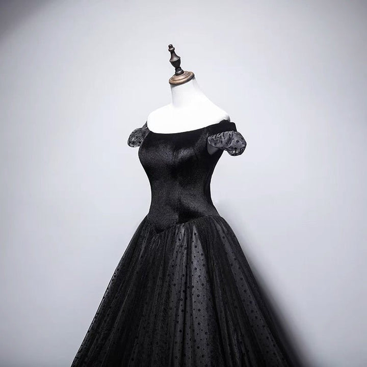 Black Polka Gothic Corset Wedding Dress - Off-shoulder Gothic Formal Dress- Plus Size - WonderlandByLilian