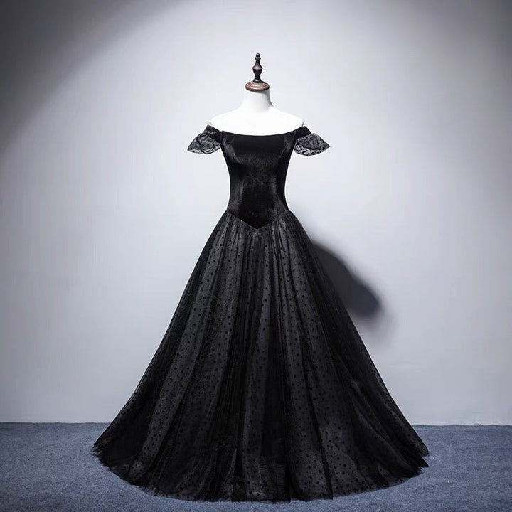 Black Polka Gothic Corset Wedding Dress - Off-shoulder Gothic Formal Dress- Plus Size - WonderlandByLilian