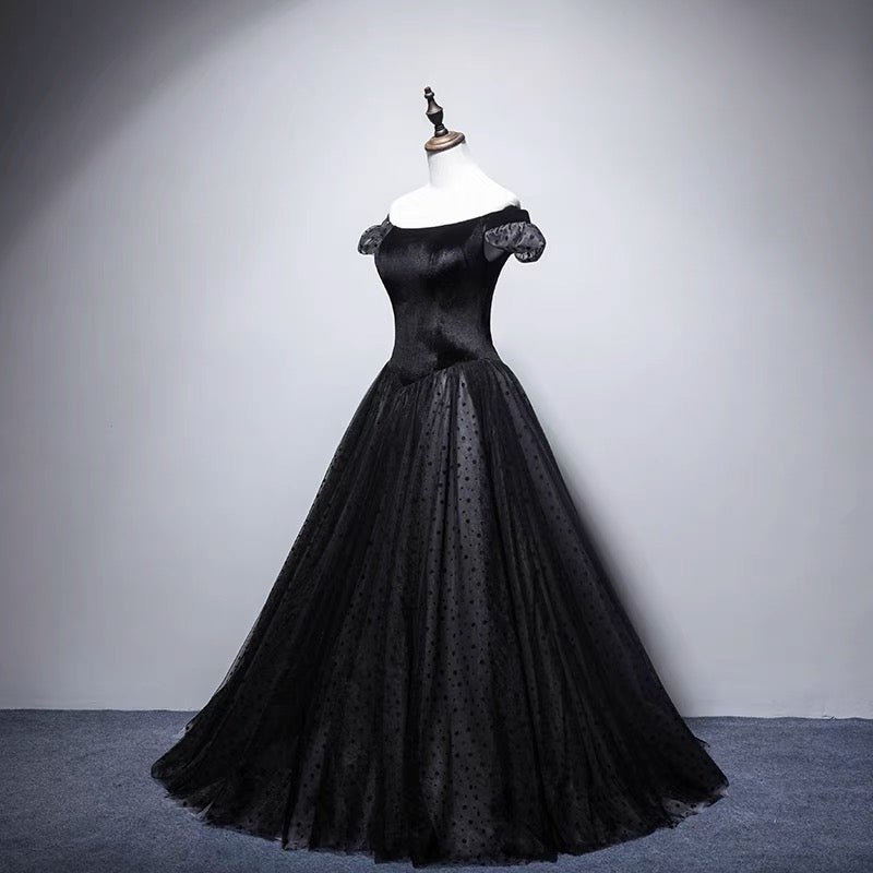 Black Polka Gothic Corset Wedding Dress - Off-Shoulder Gothic Formal Dress- Plus Size Size 14 / Black Black Polka Gothic Corset Wedding Dress - Off-Shoulder Gothic Formal Dress- Plus Size Size 14 / Black