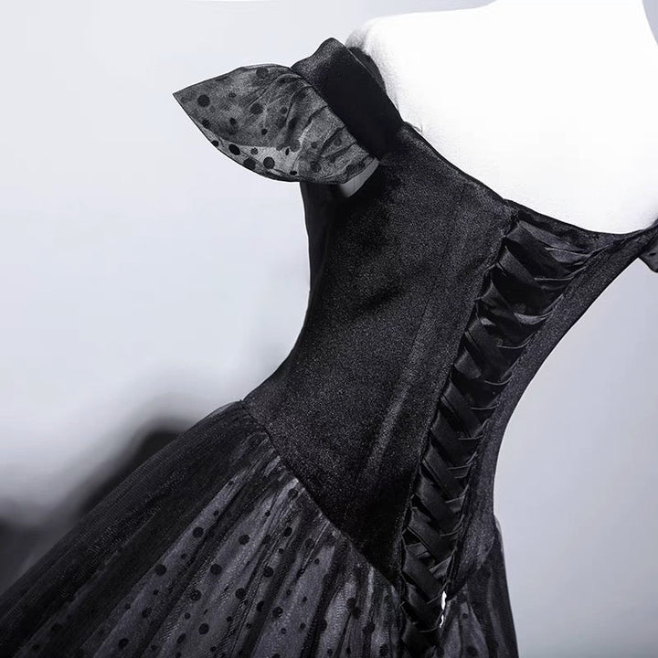 Black Polka Gothic Corset Wedding Dress - Off-shoulder Gothic Formal Dress- Plus Size - WonderlandByLilian
