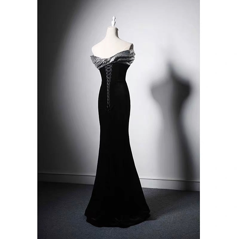 Black Velvet Off Shoulder Mermaid Formal Dress With Sequins - Plus Size - WonderlandByLilian