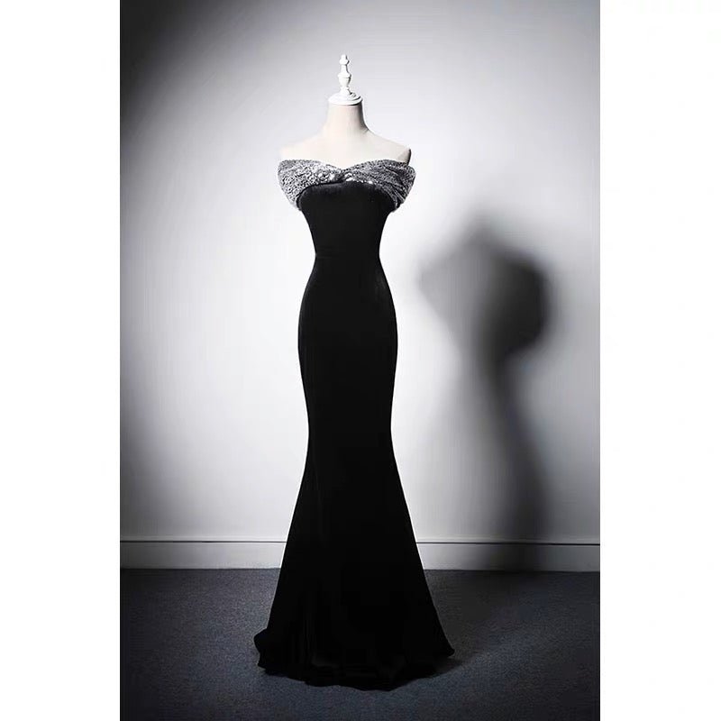 Black Velvet Off Shoulder Mermaid Formal Dress With Sequins - Plus Size - WonderlandByLilian