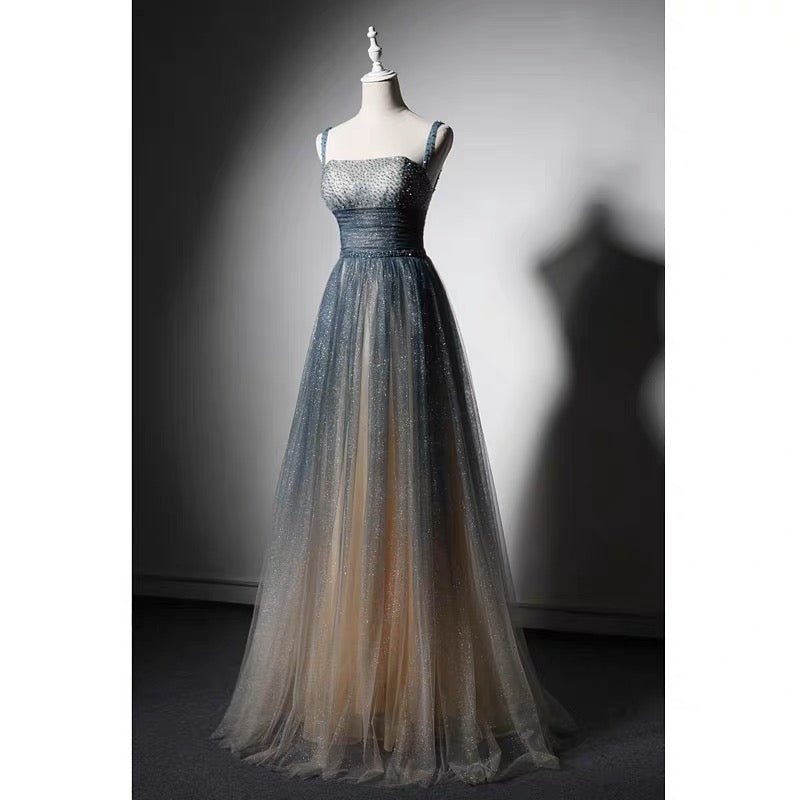 Blue Ombre Spaghetti Straps Prom Dress With Gold Glitter- Corset Evening Gown Plus Size - WonderlandByLilian