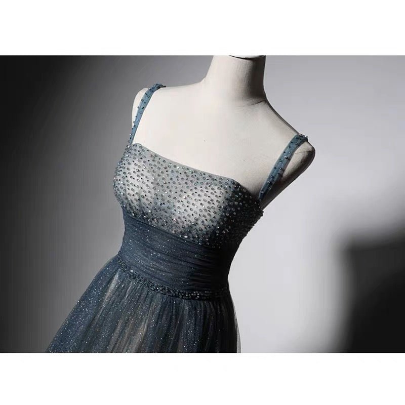 Blue Ombre Spaghetti Straps Prom Dress With Gold Glitter- Corset Evening Gown Plus Size - WonderlandByLilian
