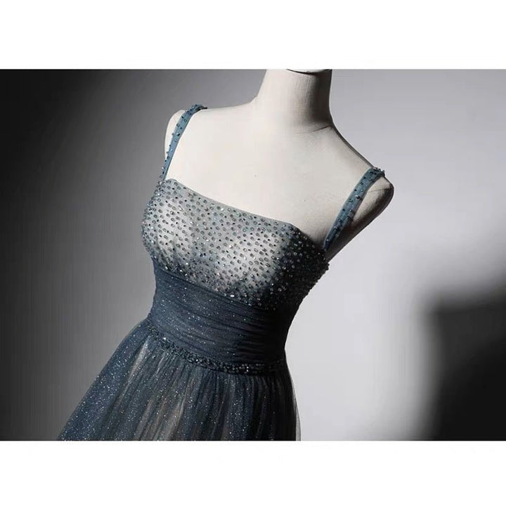 Blue Ombre Spaghetti Straps Prom Dress With Gold Glitter- Corset Evening Gown Plus Size - WonderlandByLilian