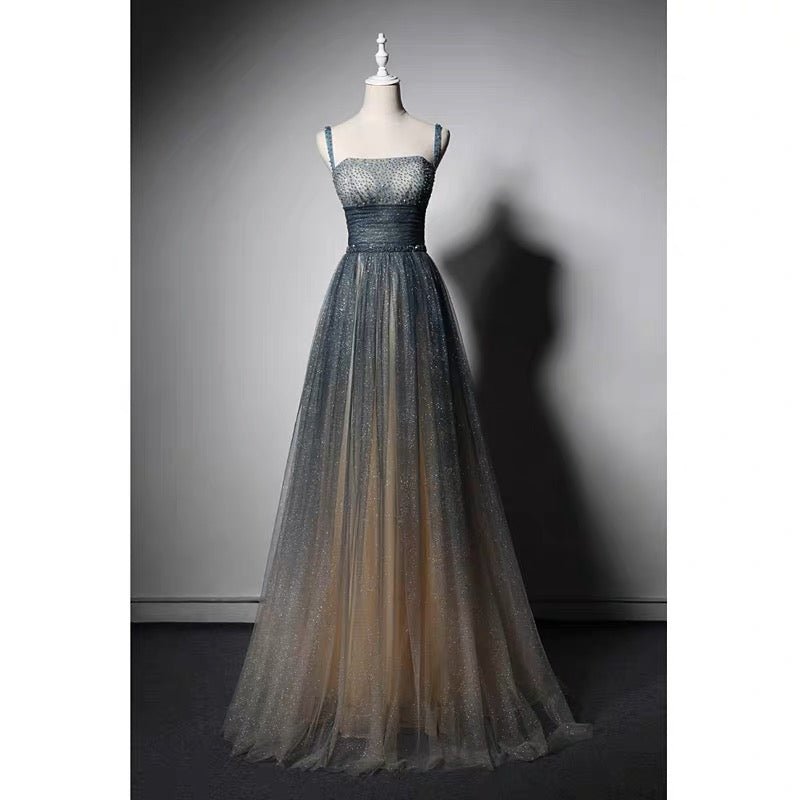 Blue Ombre Spaghetti Straps Prom Dress With Gold Glitter- Corset Evening Gown Plus Size - WonderlandByLilian