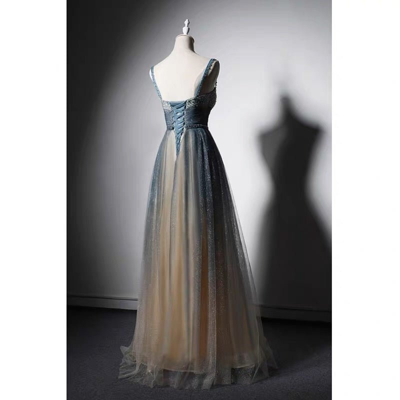 Blue Ombre Spaghetti Straps Prom Dress With Gold Glitter- Corset Evening Gown Plus Size - WonderlandByLilian