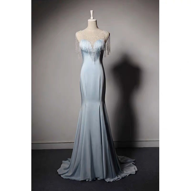 Blue V-neck Mermaid Evening Gown With Crystal Chain