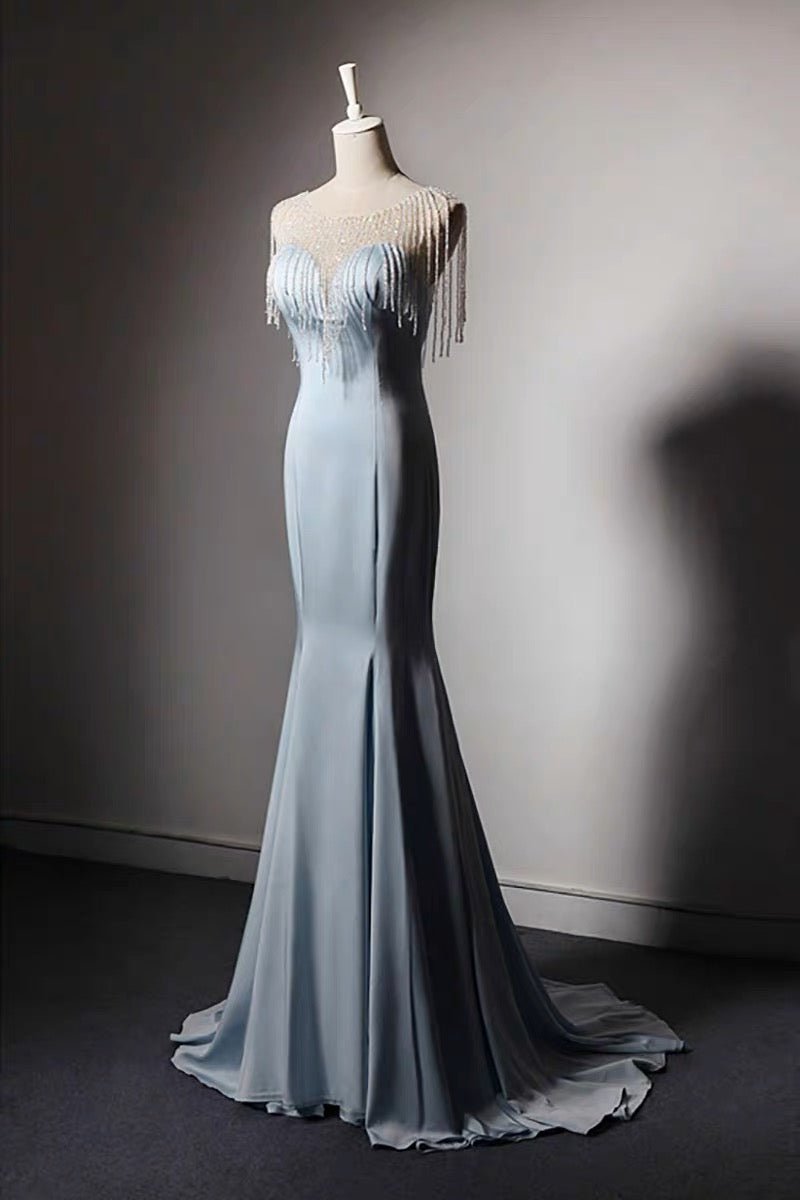 Blue V-neck Mermaid Evening Gown With Crystal Chain - Formal Dress Plus Size - WonderlandByLilian