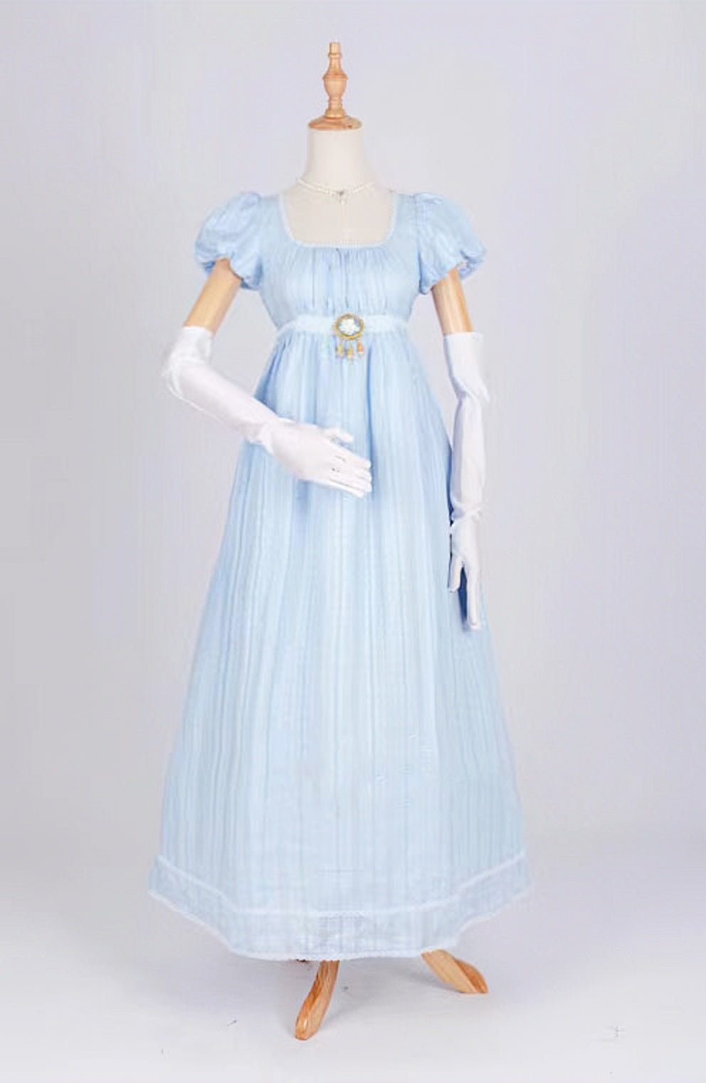 Bridgerton Inspired Regency Era Blue Cotton Dress With Brooch- Regency Ball Gown - Plus Size - WonderlandByLilian