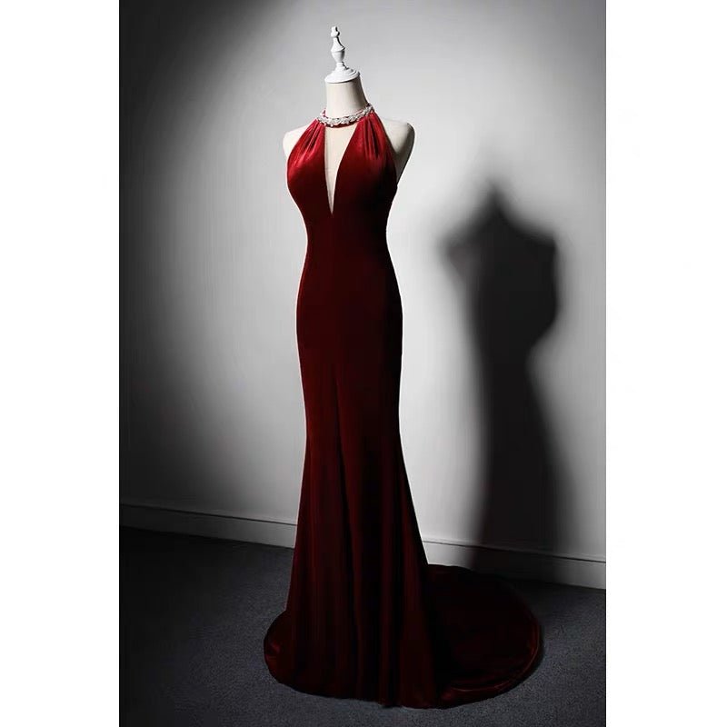 Long-Sleeve V-Neck Rhinestone Mermaid Evening Gown
