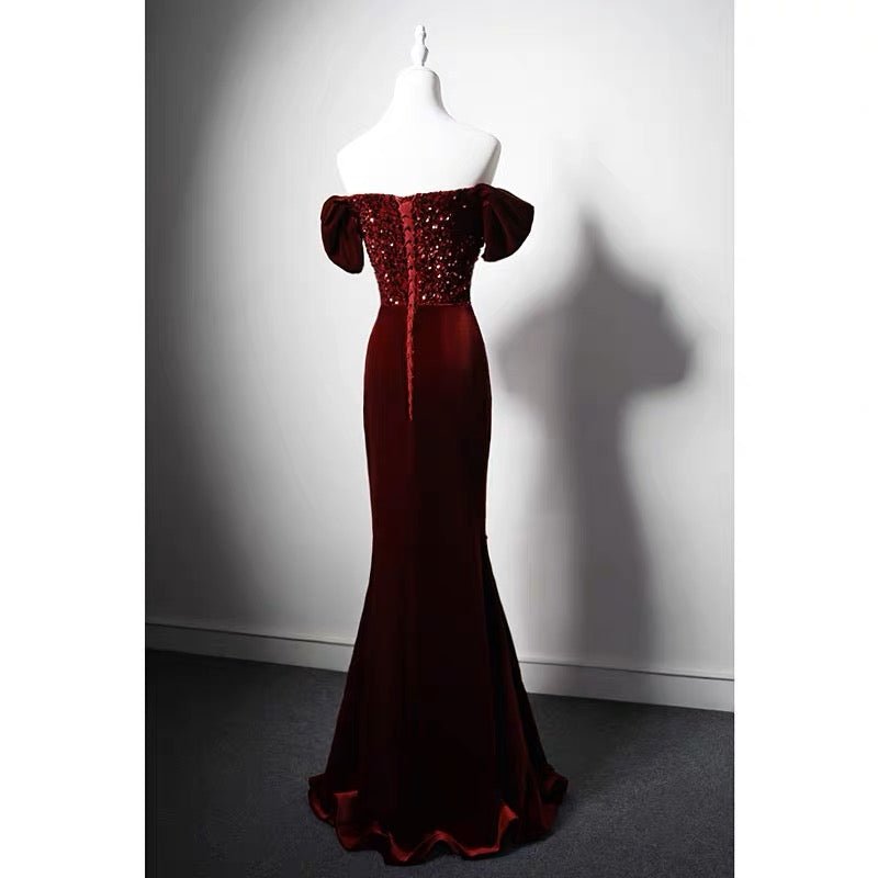 Burgundy Velvet Beaded Formal Dress With Sequins - For Wedding Plus Size - WonderlandByLilian