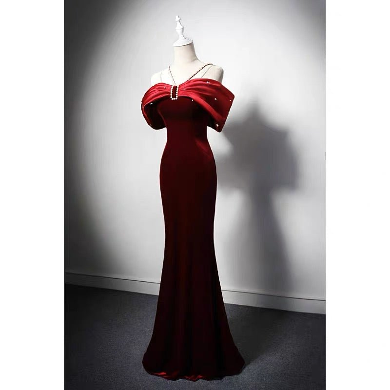 Burgundy Velvet Mermaid Formal Dress With Pearl Chain