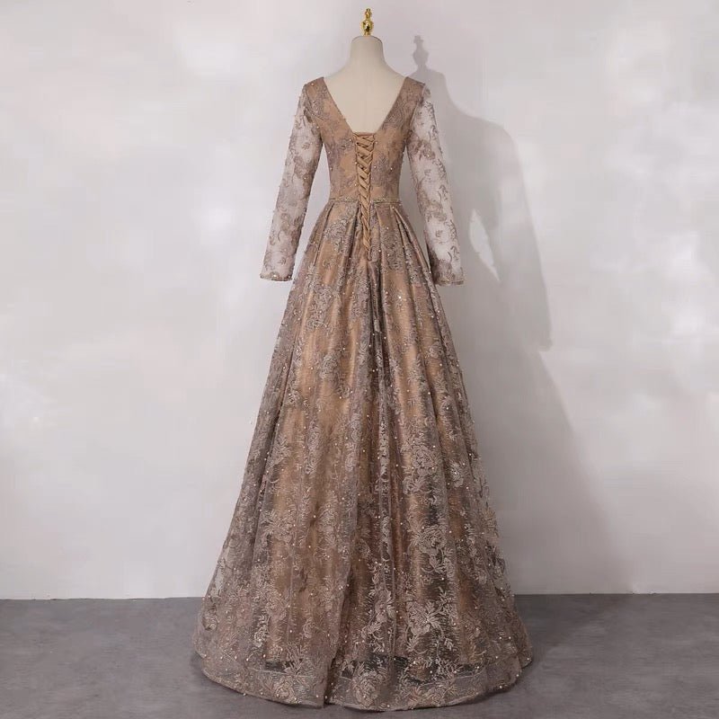 Champaign Beaded Sequins V-line Long Sleeve Lace Formal Dress - Plus Size - WonderlandByLilian
