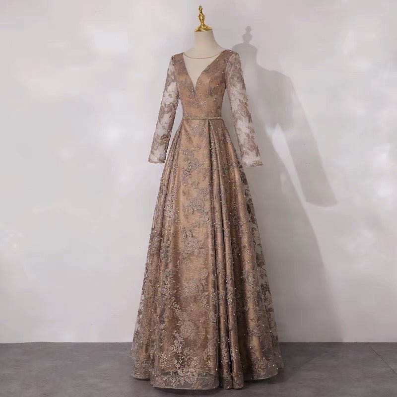 Champaign Beaded Sequins V-line Long Sleeve Lace Formal Dress - Plus Size - WonderlandByLilian