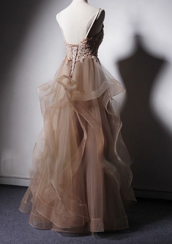 Champaign V-neck Gauze Prom Dress - Formal Dress Plus Size - WonderlandByLilian