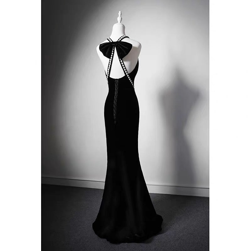 Crystal Black Velvet High-neck Sleeveless Mermaid Formal Dress With Bow Tie - Plus Size - WonderlandByLilian