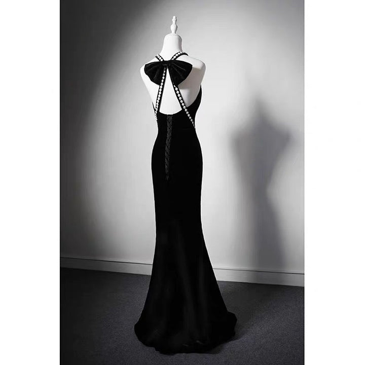 Crystal Black Velvet High-neck Sleeveless Mermaid Formal Dress With Bow Tie - Plus Size - WonderlandByLilian