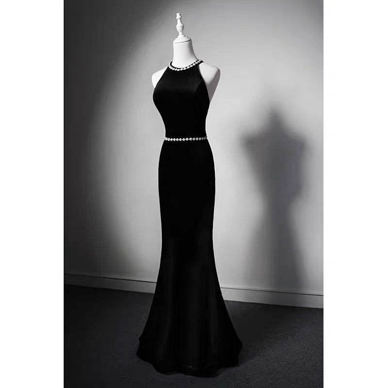Crystal Black Velvet High-neck Sleeveless Mermaid Formal Dress With Bow Tie - Plus Size Size 18W / Black Crystal Black Velvet High-neck Sleeveless Mermaid Formal Dress With Bow Tie - Plus Size Size 18W / Black