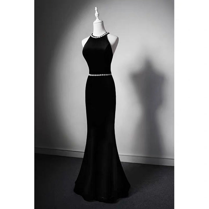 Crystal Black Velvet High-neck Sleeveless Mermaid Formal Dress With Bow Tie - Plus Size - WonderlandByLilian