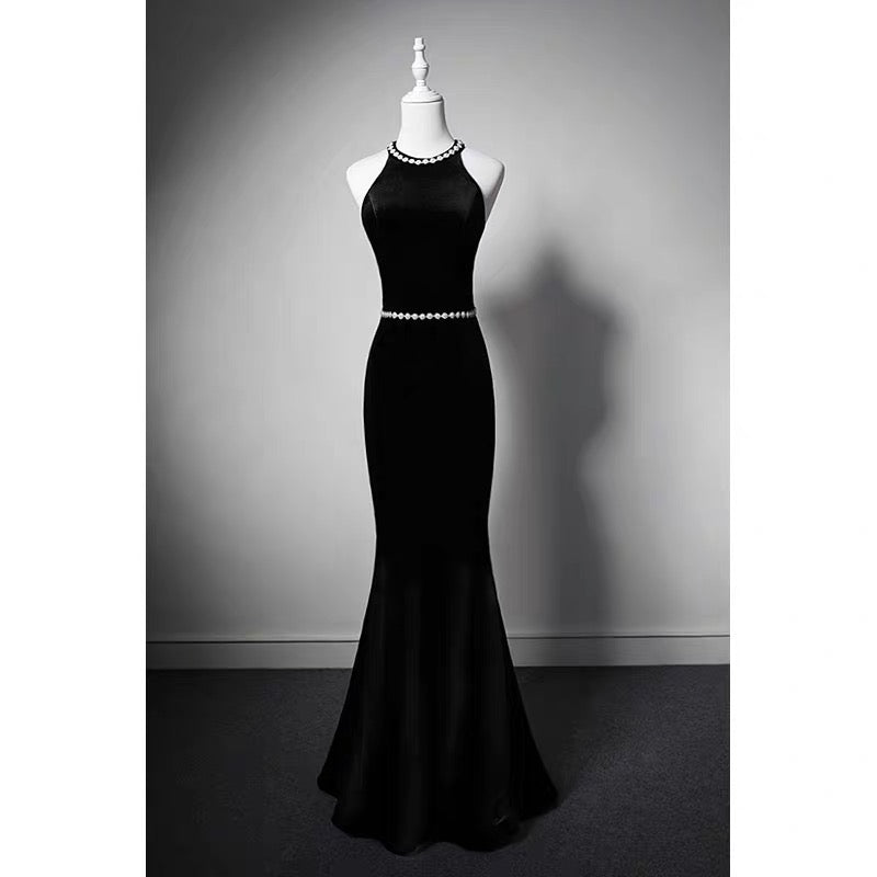 Crystal Black Velvet High-neck Sleeveless Mermaid Formal Dress With Bow Tie - Plus Size - WonderlandByLilian
