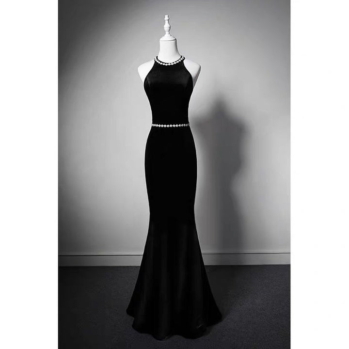 Crystal Black Velvet High-neck Sleeveless Mermaid Formal Dress With Bow Tie - Plus Size - WonderlandByLilian