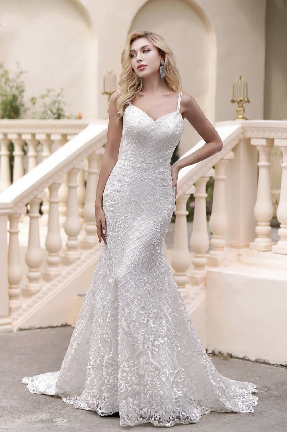 Curve-Hugging Beaded Lace Light Ivory Spaghetti Straps Sweetheart Neck Mermaid Illusion Back Wedding Gown - Plus Size - WonderlandByLilian