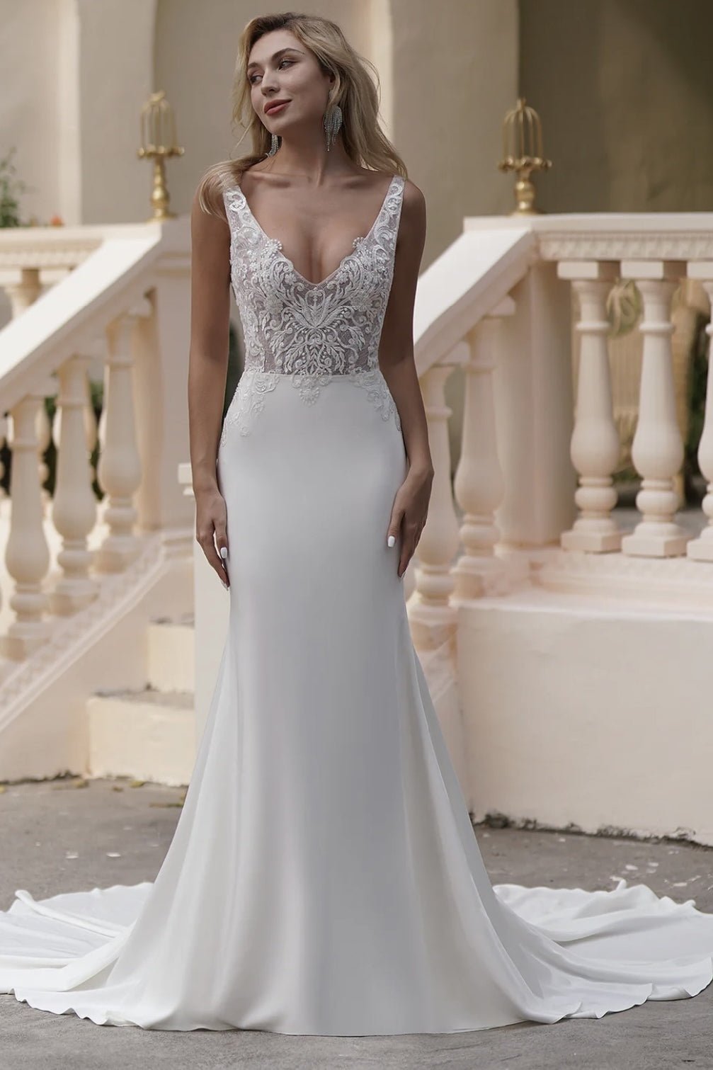 Elegant Beaded Lace Light Ivory V-Neck Embroidery Satin Mermaid Wedding Dress - Plus Size - WonderlandByLilian