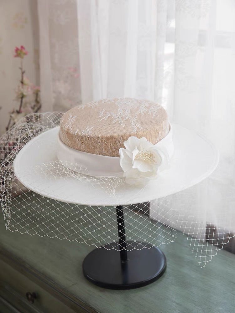 French Style romantic Floral Lace Boater Hat With Rose - Vintage Inspired - WonderlandByLilian