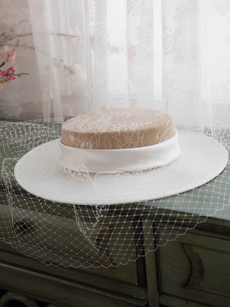 French Style romantic Floral Lace Boater Hat With Rose - Vintage Inspired - WonderlandByLilian