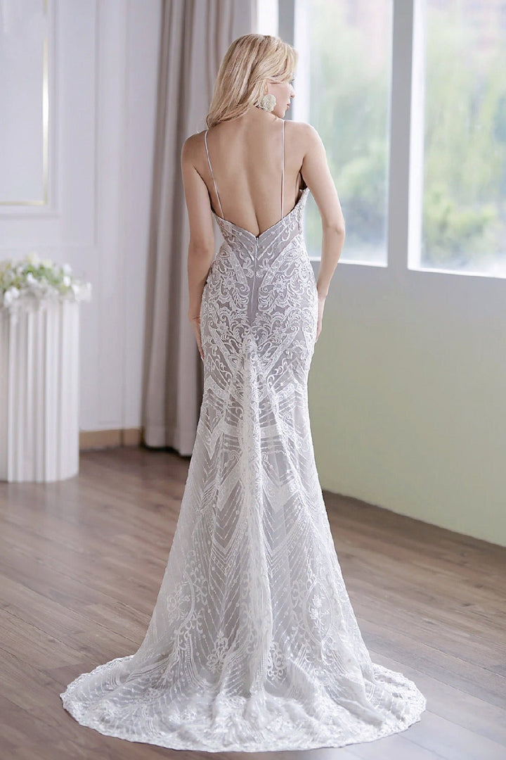 Glamorous Lace Embroidery Fit-and-Flare Mermaid Wedding Gown With Plunging Neckline - Plus Size - WonderlandByLilian