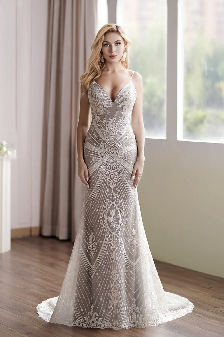 Glamorous Lace Embroidery Fit-and-Flare Mermaid Wedding Gown With Plunging Neckline - Plus Size - WonderlandByLilian